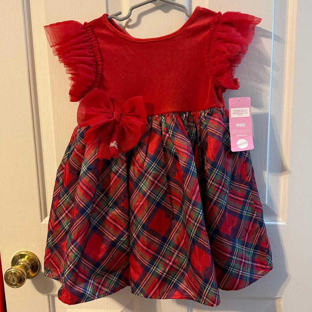 Barbie Toddler Girls Dress Size 4T, Plaid With Tulle Sleeves, New with‎ Tags